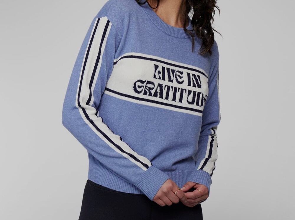 Spiritual Gangster Live In Gratitude Classic Sweater Womens S Blue Crew Neck